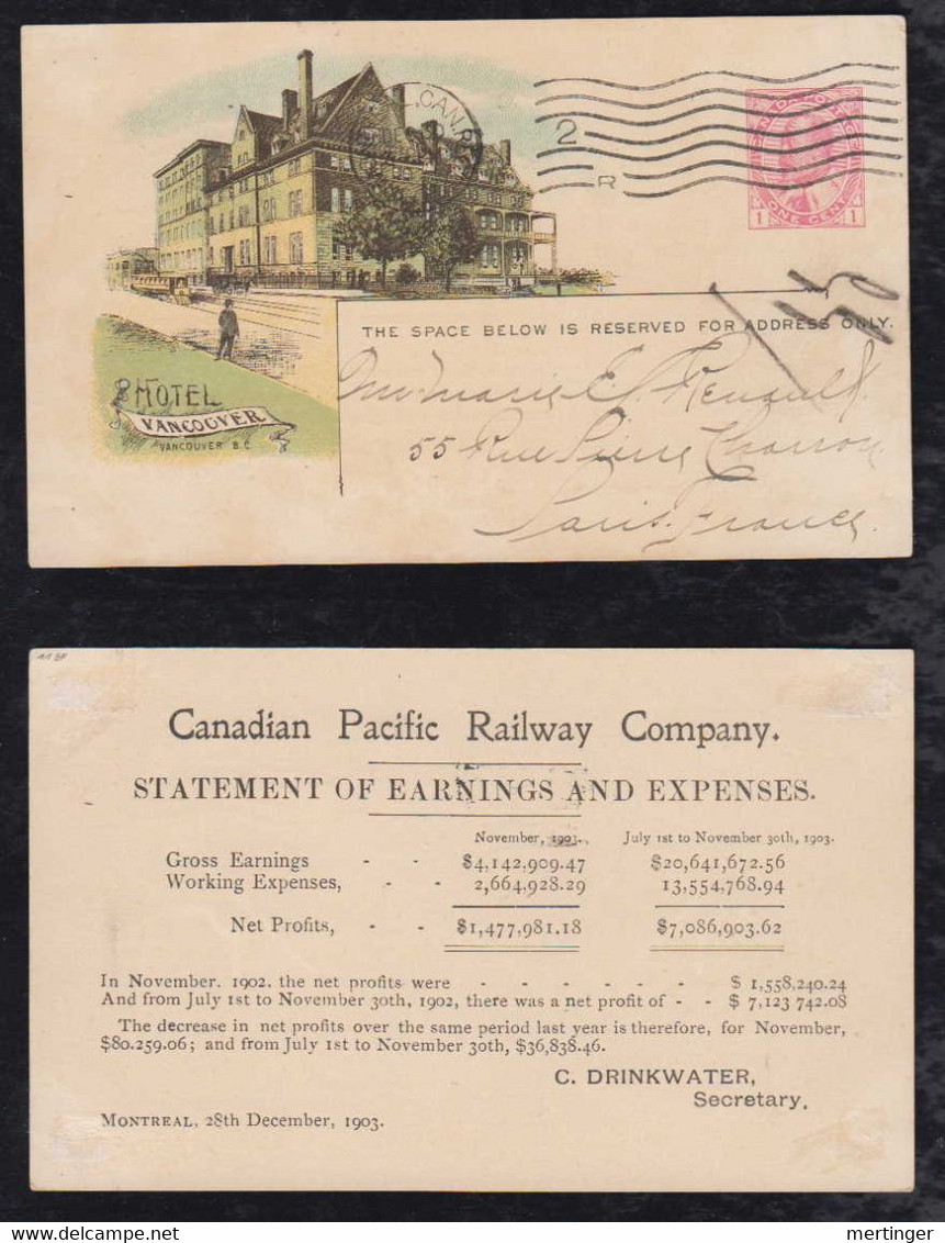 Canada 1903 Stationery Postcard Private Imprint HOTEL VANCOUVER + PACIFIC RAILWAY COMPANY To Paris France - Covers & Documents