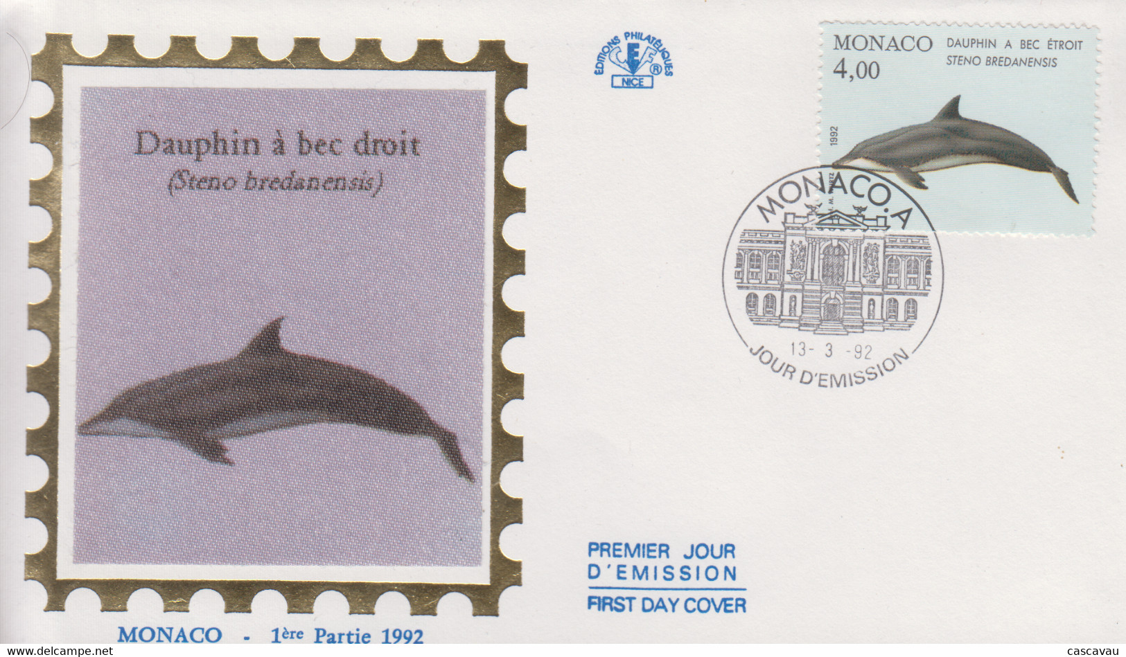 Enveloppe  FDC  1er  Jour    MONACO    Dauphin  à  Bec   Droit   1992 - Dolphins