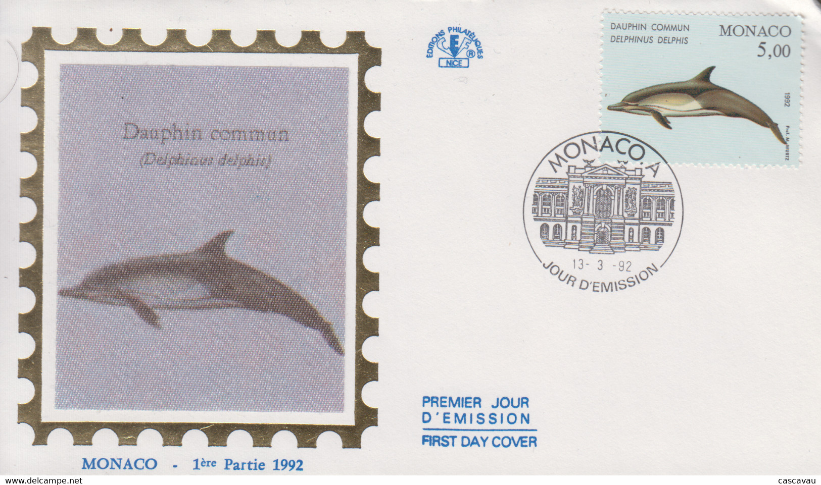 Enveloppe  FDC  1er  Jour    MONACO    Dauphin  Commun   1992 - Delfines