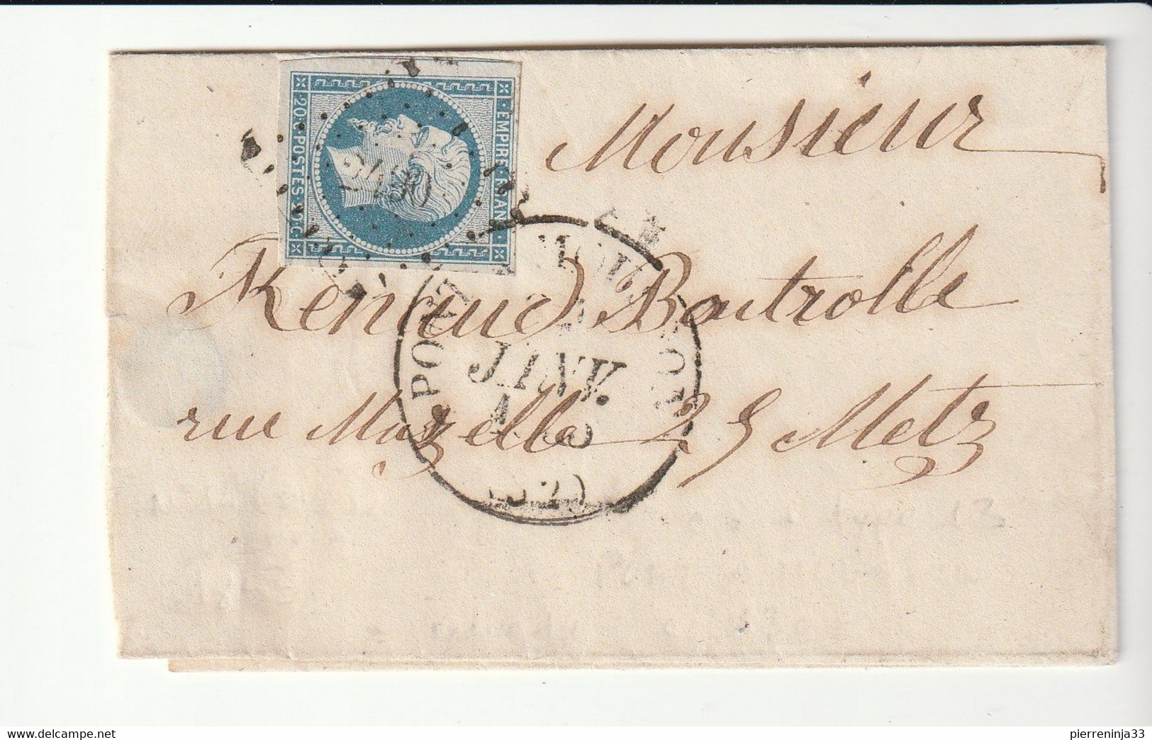 Lettre Format Carte De Visite Avec Classiques De France:Napoléon N°14, Cachet Type 13, Pont à Mousson PC 2490, 1855 - 1853-1860 Napoleon III