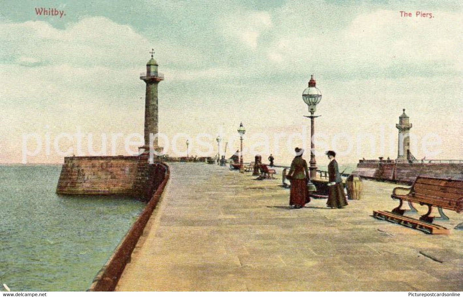 WHITBY THE PIERS OLD COLOUR POSTCARD YORKSHIRE - Whitby