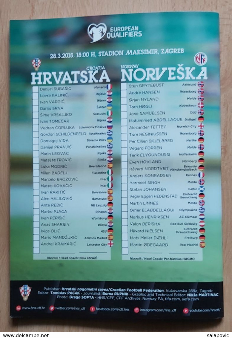 CROATIA v NORWAY - 2015 UEFA EURO qualifiers FOOTBALL MATCH PROGRAM