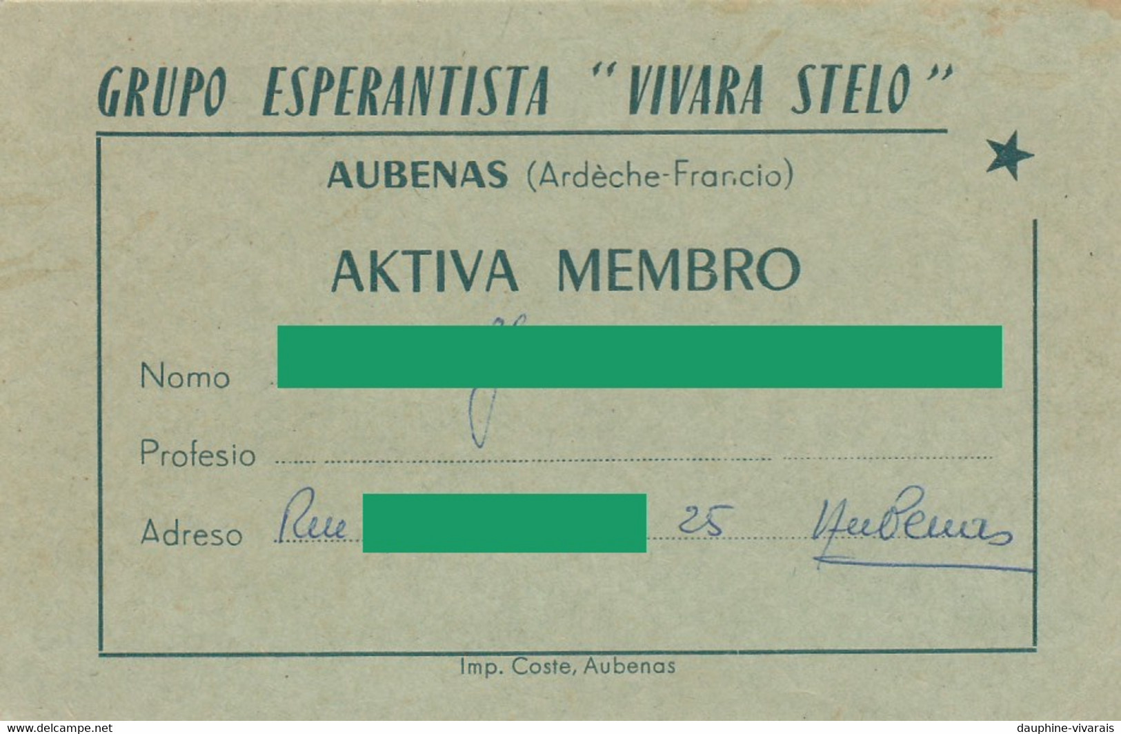 VIEUX PAPIERS -  CARTE DE MEMBRE - GROUPE ESPERANTISTE VIVARA STELO - AUBENAS 07 ARDECHE -1964 - ESPERANTO - Mitgliedskarten