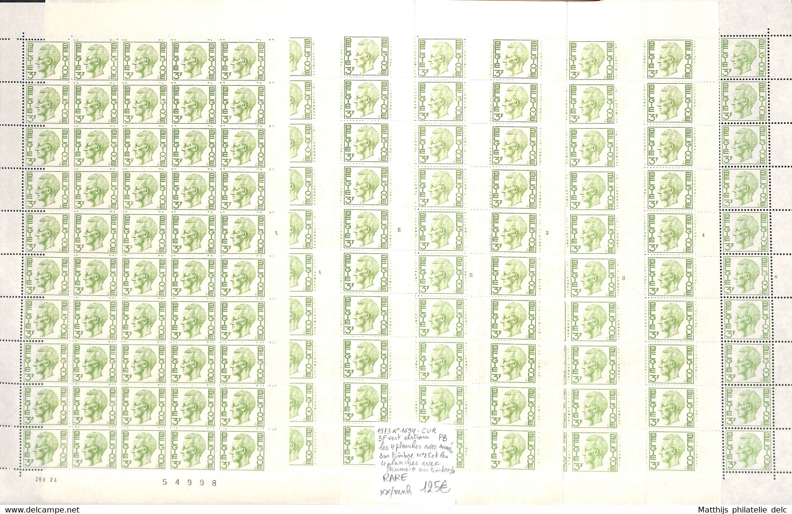 NN - NB - [990253]TB//**/Mnh-NN - Belgique 1973 - N° 1694-CUR, 3f Vert Elstrom, Les 4 Planches Avec Numéro Sur Timbre N° - Other & Unclassified