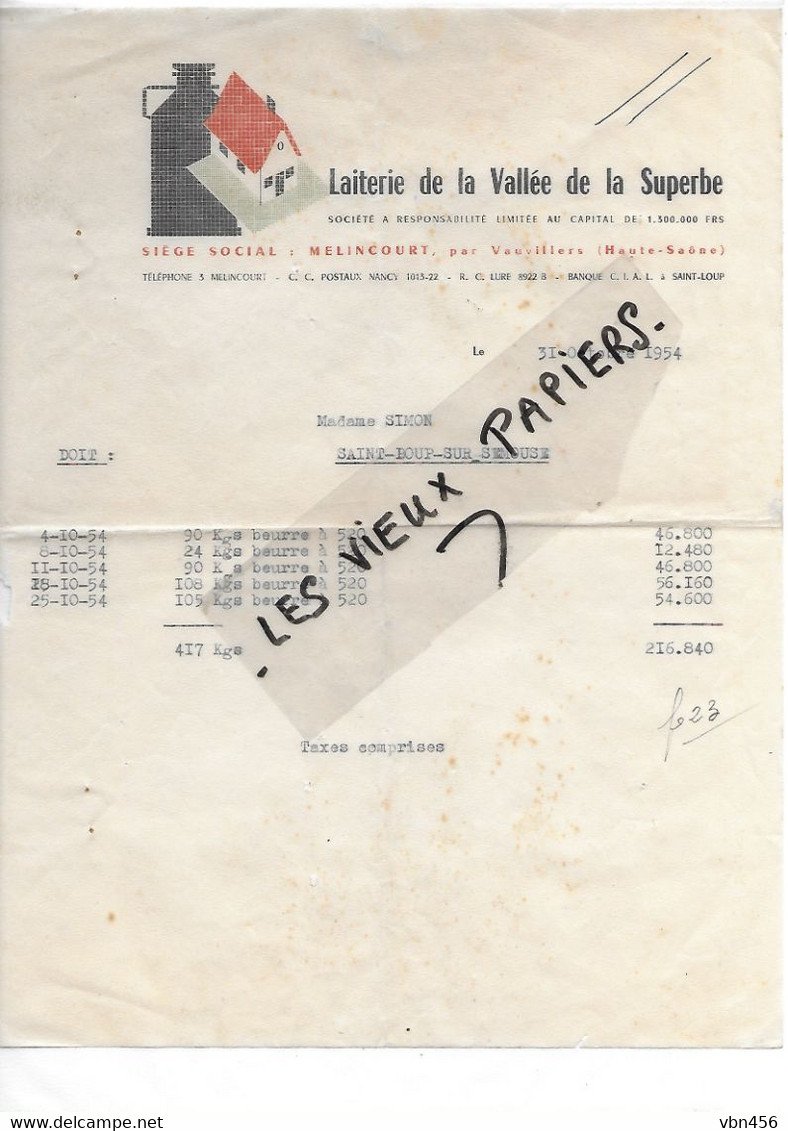 70 - Haute-saône - MELINCOURT - Facture LAITERIE DE LA VALLEE DE LA SUPERBE - 1954 - REF 193A - 1900 – 1949