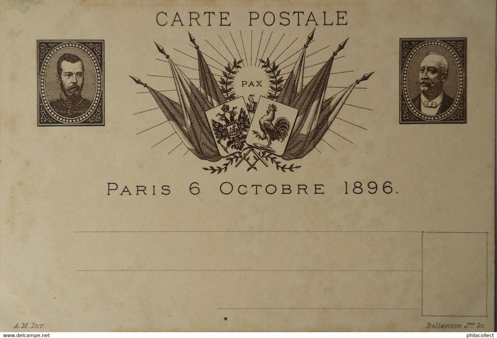 1896 Russia - France Carte Pastale Pax Paris 6 October Czar And Felix Faure - Cartes Postales Types Et TSC (avant 1995)