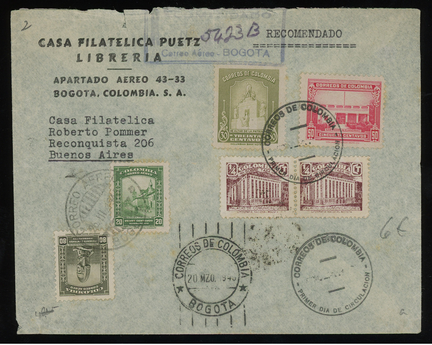 TREASURE HUNT [00230] Colombia 1945 Reg. Air Mail Cover To Argentina Bearing Various Issues Franking - Colombia