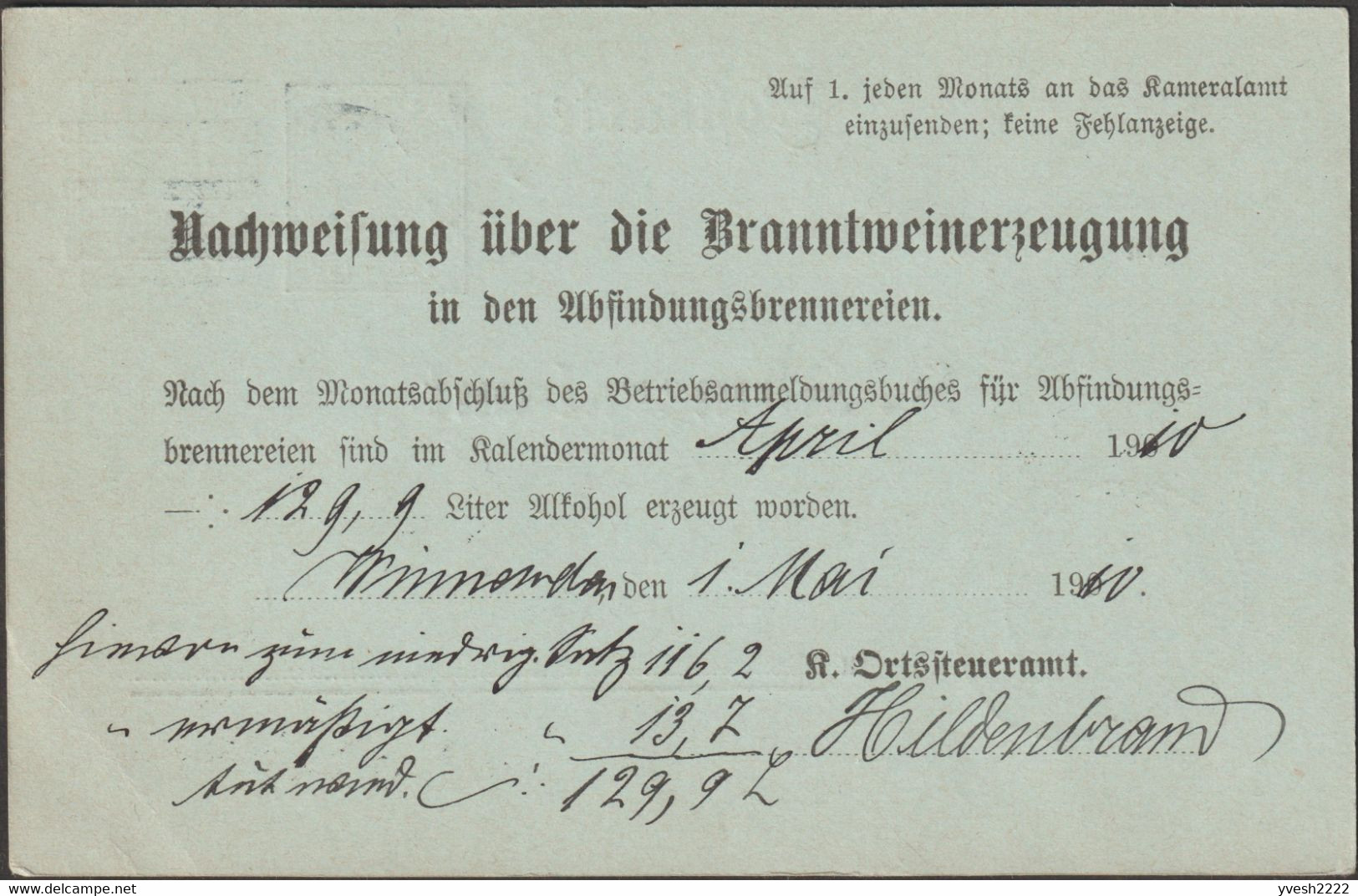 Wurtemberg 1910. Entier Postal De Service. Contrôle Par La Douane Des Quantités D'alcool Produites. De Winnenden - Vins & Alcools