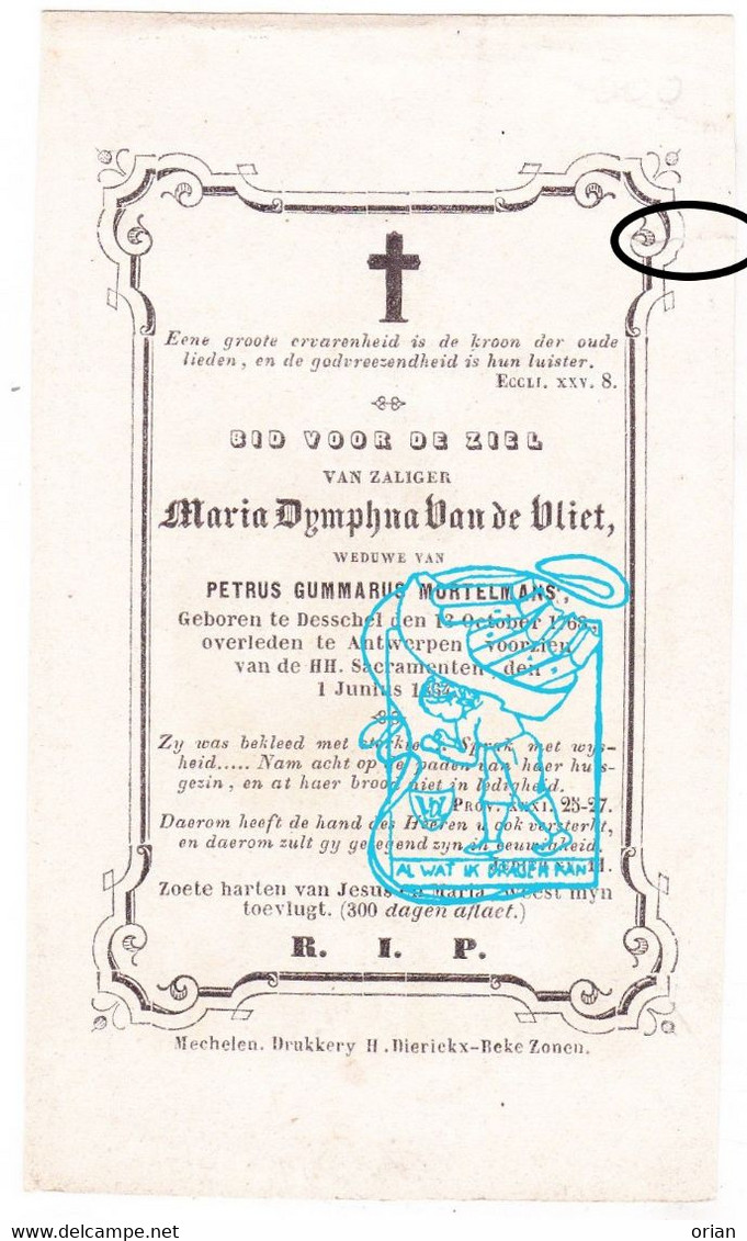 DP Maria Dymphna Van De Vliet ° Dessel 1768 † Antwerpen 1864 X Petrus Gummarus Mortelmans / St. Antonius Antoine - Santini