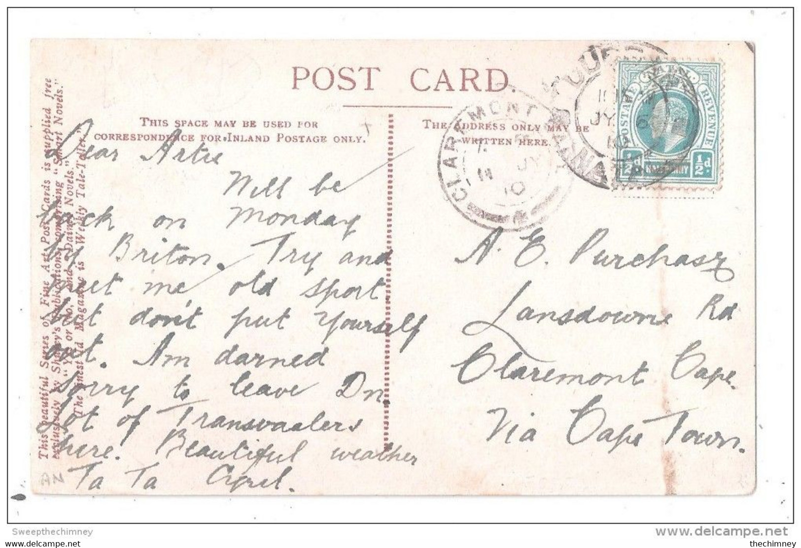 USED 1910 POSTCARD SOUTH AFRICA NATAL STAMP CLAREMONT CAPE POSTMARK + DURBAN POSTCARD OF DUNMOW UK  ESSEX - Other & Unclassified