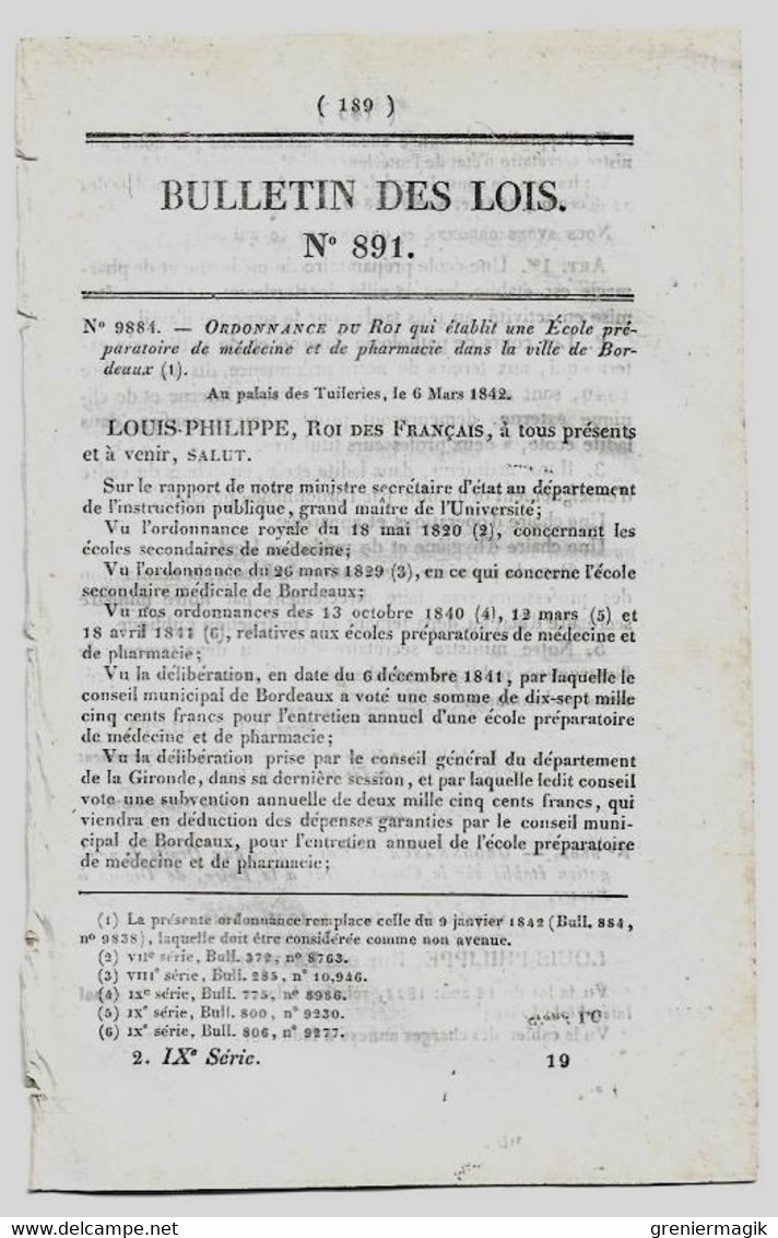 Bulletin Des Lois 891 1842 Ecole Préparatoire De Médecine Et De Pharmacie De Bordeaux/Droits De Navigation Canaux (coke) - Décrets & Lois