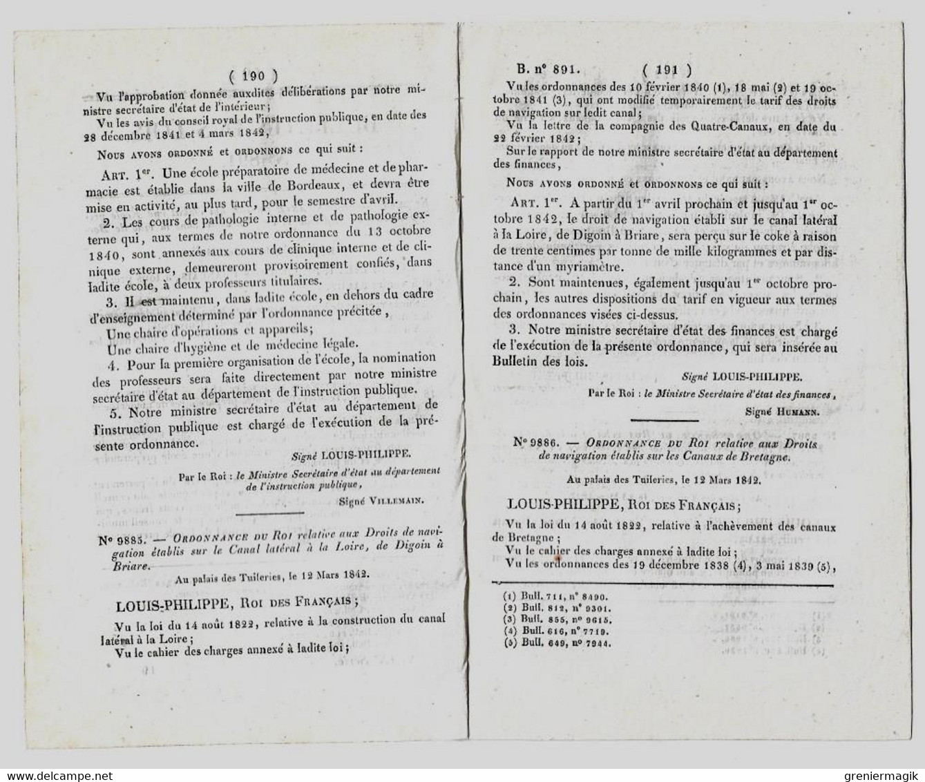 Bulletin Des Lois 891 1842 Ecole Préparatoire De Médecine Et De Pharmacie De Bordeaux/Droits De Navigation Canaux (coke) - Décrets & Lois