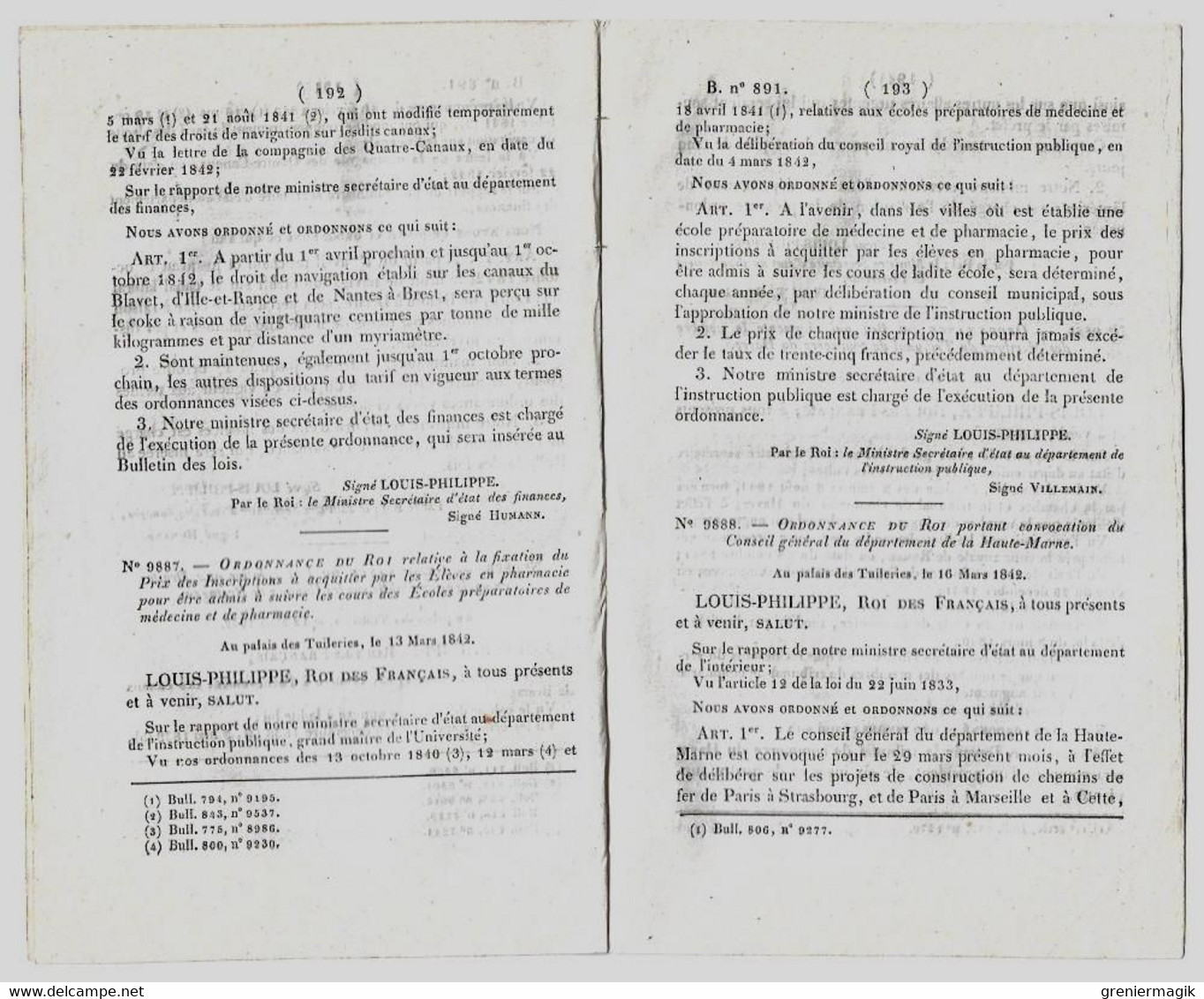 Bulletin Des Lois 891 1842 Ecole Préparatoire De Médecine Et De Pharmacie De Bordeaux/Droits De Navigation Canaux (coke) - Decrees & Laws