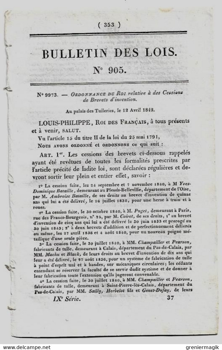 Bulletin Des Lois 905 1842 Douanes Bureaux De Frauenberg Et Grosbliederstroff (Moselle)/Concession De Logements/Havre - Décrets & Lois