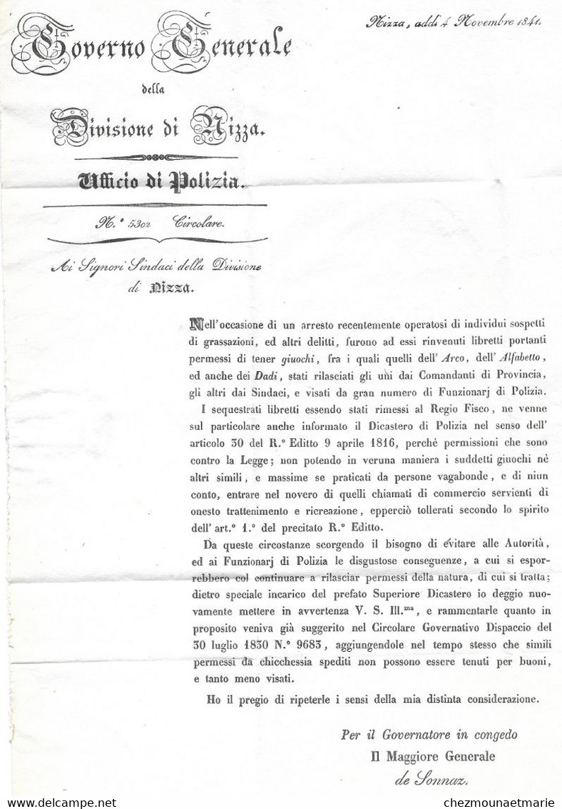1841 NIZZA VESSALICO ITALIE - GOUVERNEMENT GENERAL DIVISION POSTE DE POLICE POUR SR SINDACI - LETTRE - ...-1850 Préphilatélie