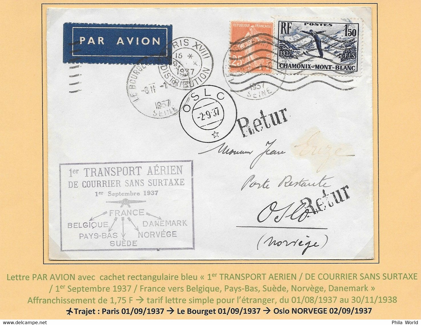 FRANCE NORVEGE 1937 1er Transport Aérien Courrier Sans Surtaxe Aff Avec 1,50F Chamonix Mont Blanc Càd OSLO Et Retour - Aerei