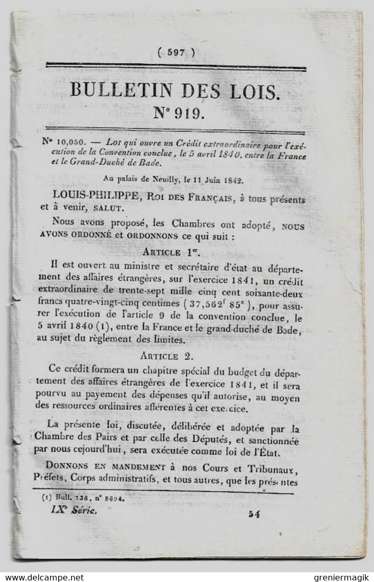 Bulletin Des Lois 919 1842 Brevets D'invention (Autopanphone Seytre (pianos), Tuiles Gilardoni, Hydrostat Viau Harfleur) - Décrets & Lois