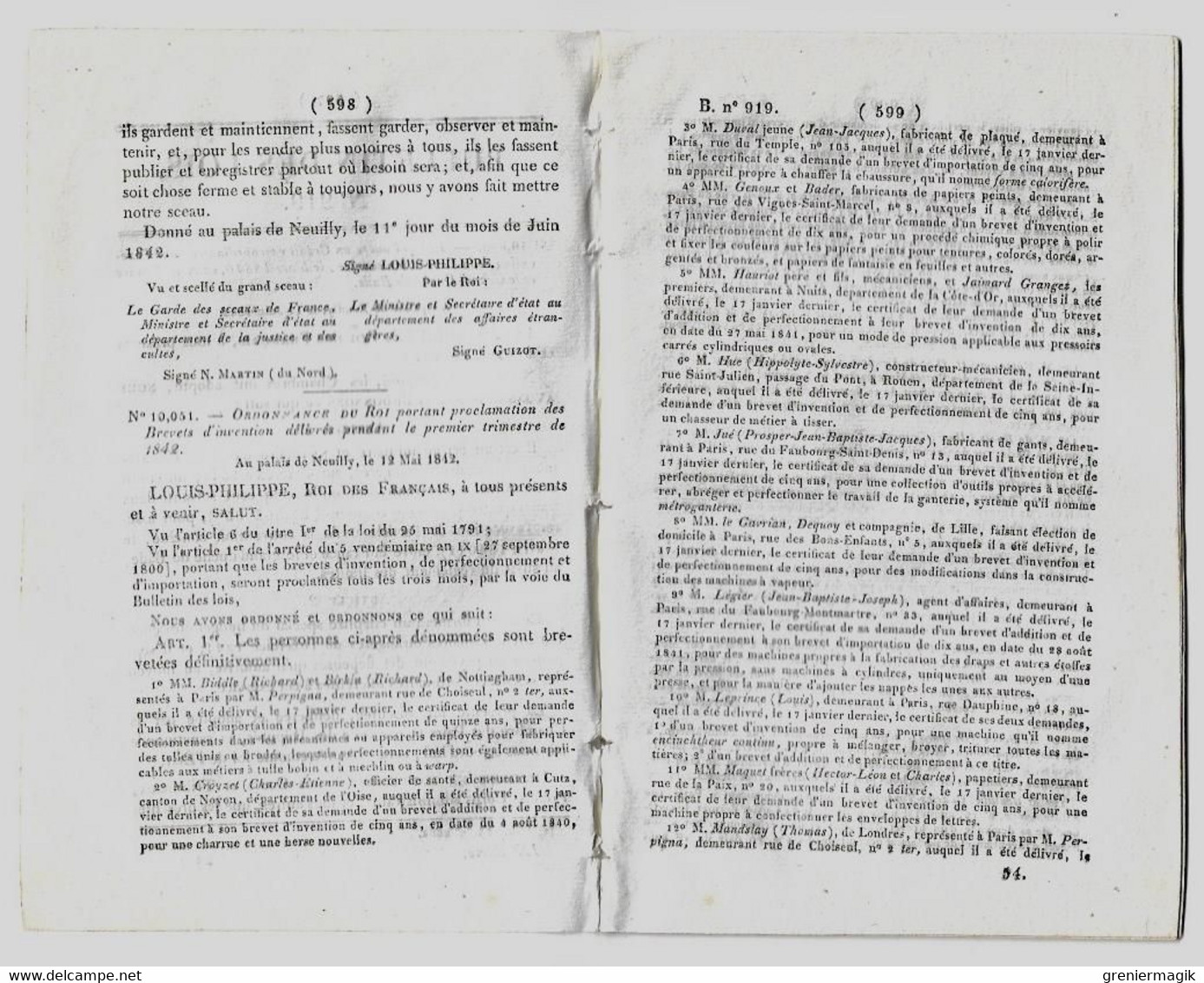 Bulletin Des Lois 919 1842 Brevets D'invention (Autopanphone Seytre (pianos), Tuiles Gilardoni, Hydrostat Viau Harfleur) - Décrets & Lois