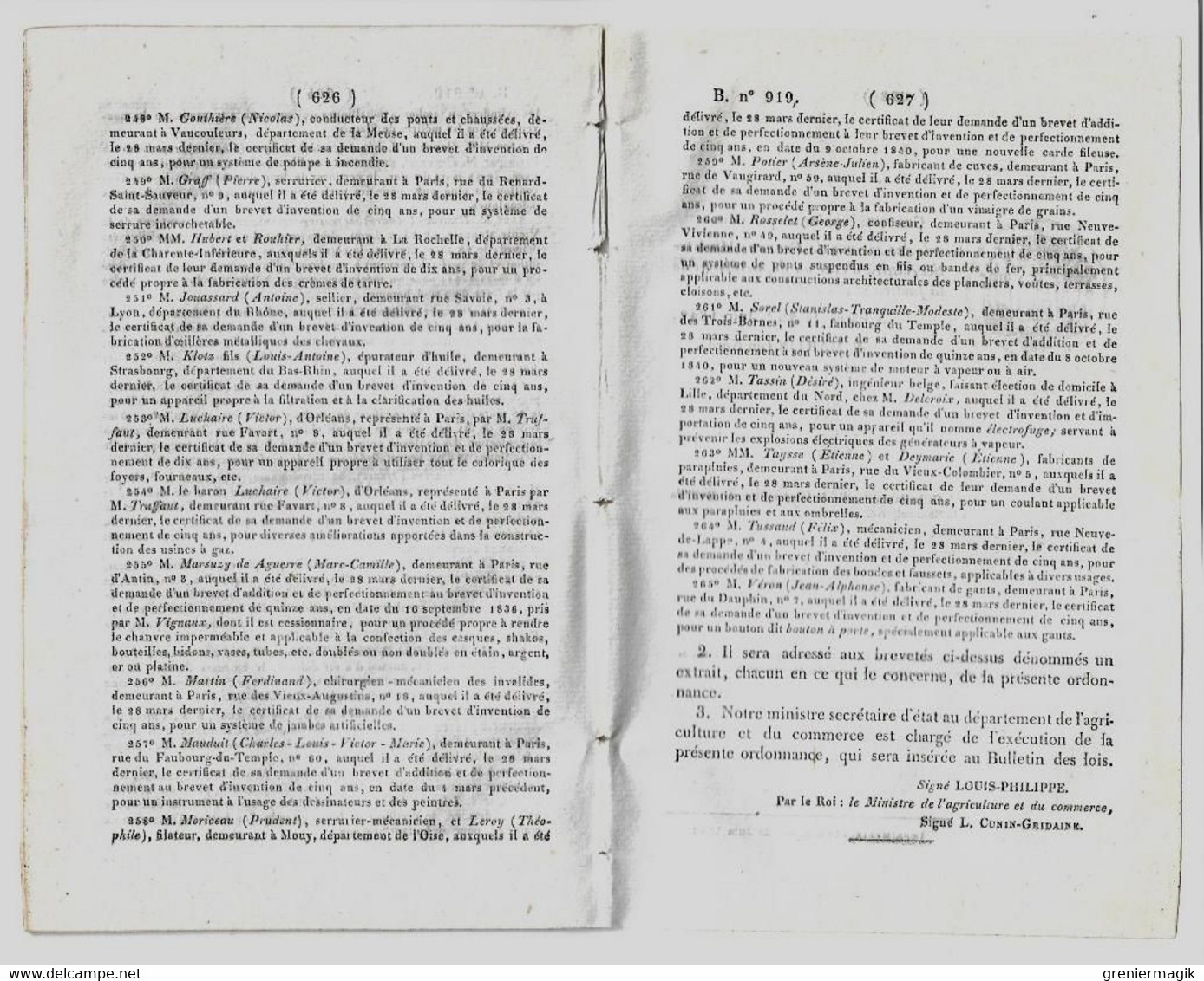 Bulletin Des Lois 919 1842 Brevets D'invention (Autopanphone Seytre (pianos), Tuiles Gilardoni, Hydrostat Viau Harfleur) - Décrets & Lois