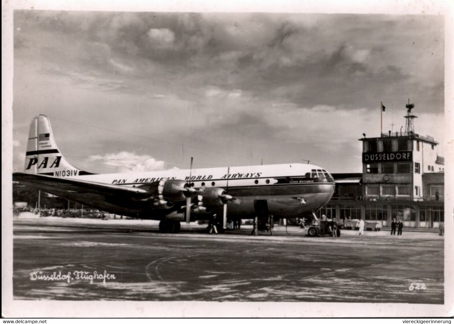 !  Ansichtskarte Düsseldorf Flughafen, Airport, Aerodrome, PAA Pan American World Airways, Propliner, Strato Clipper - 1946-....: Modern Era