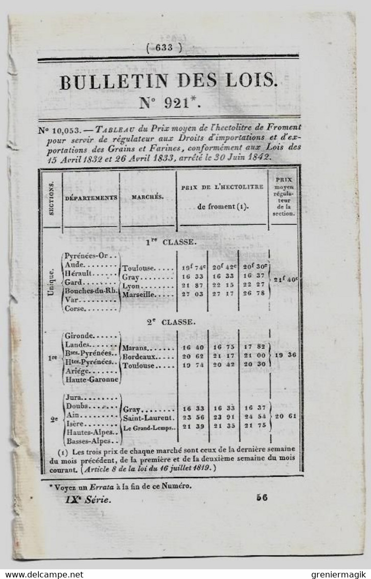 Bulletin Des Lois 921 1842 Etat-major Particulier De L'Artillerie/Commissariat Le Lude Sarthe/Escadrons De Spahis Oran - Décrets & Lois