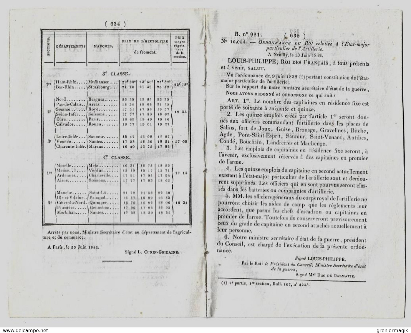 Bulletin Des Lois 921 1842 Etat-major Particulier De L'Artillerie/Commissariat Le Lude Sarthe/Escadrons De Spahis Oran - Décrets & Lois