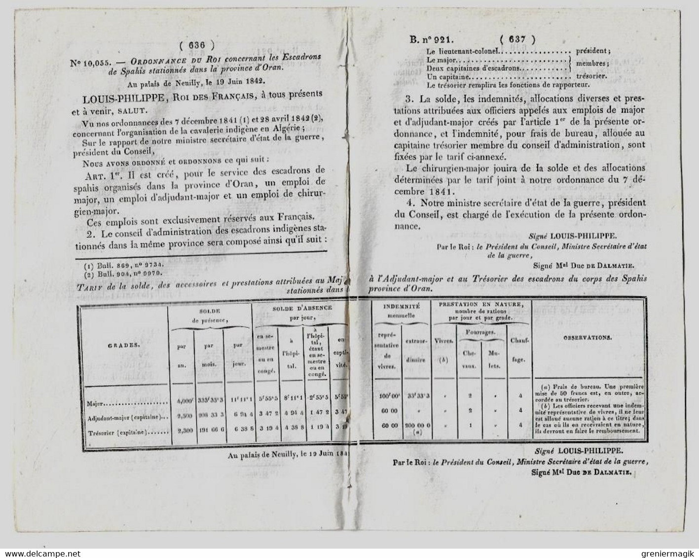 Bulletin Des Lois 921 1842 Etat-major Particulier De L'Artillerie/Commissariat Le Lude Sarthe/Escadrons De Spahis Oran - Décrets & Lois