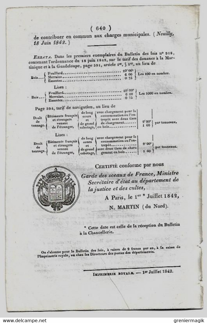 Bulletin Des Lois 921 1842 Etat-major Particulier De L'Artillerie/Commissariat Le Lude Sarthe/Escadrons De Spahis Oran - Décrets & Lois