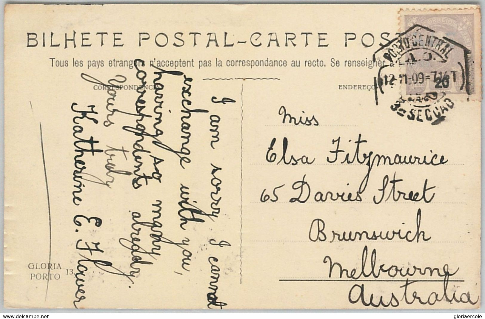 58220 -  PORTUGAL  - POSTAL HISTORY:  POSTCARD To  Australia  - 1909 - Briefe U. Dokumente