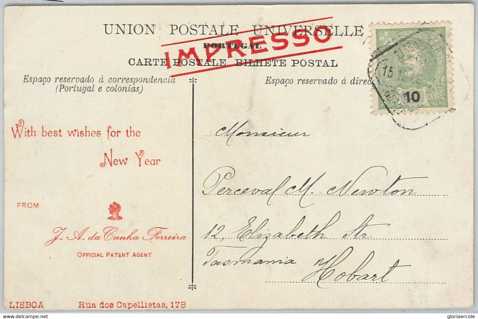 58219 -  PORTUGAL  - POSTAL HISTORY:  POSTCARD To TASMANIA Australia  - 1908 - Lettres & Documents