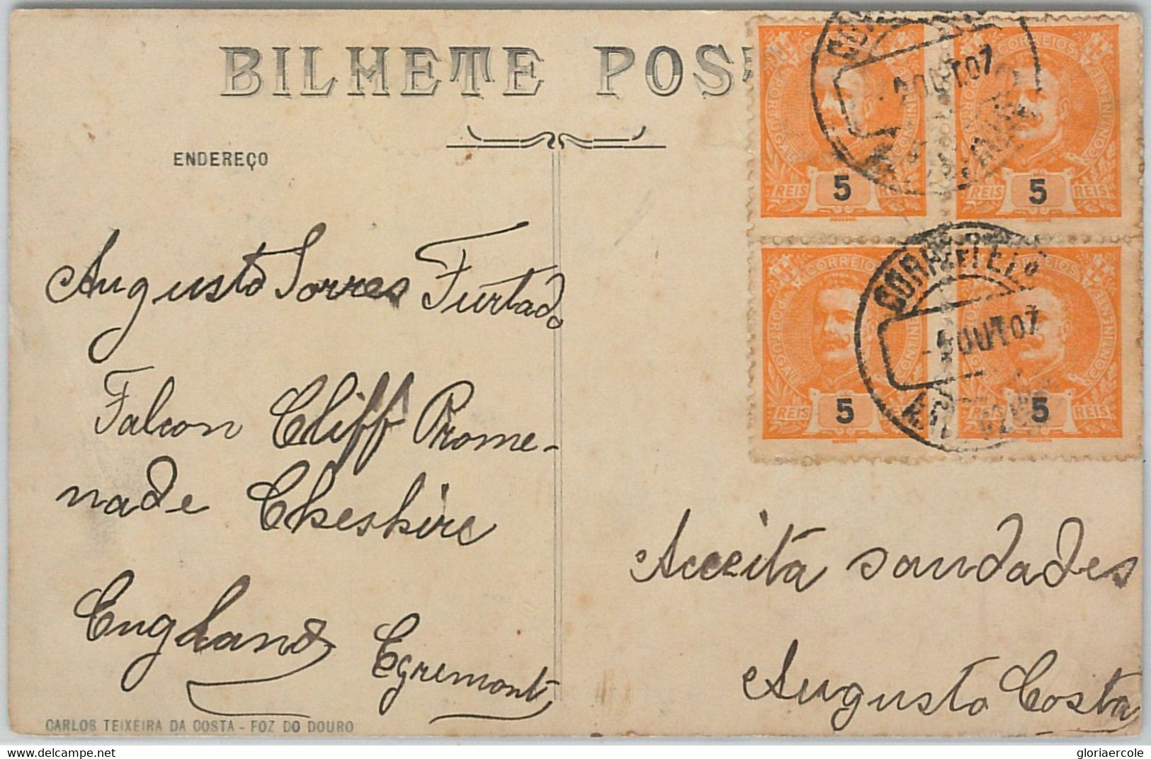 58218 -  PORTUGAL  - POSTAL HISTORY -  Block Of 4 Stamps On POSTCARD To ENGLAND  - 1907 - Brieven En Documenten