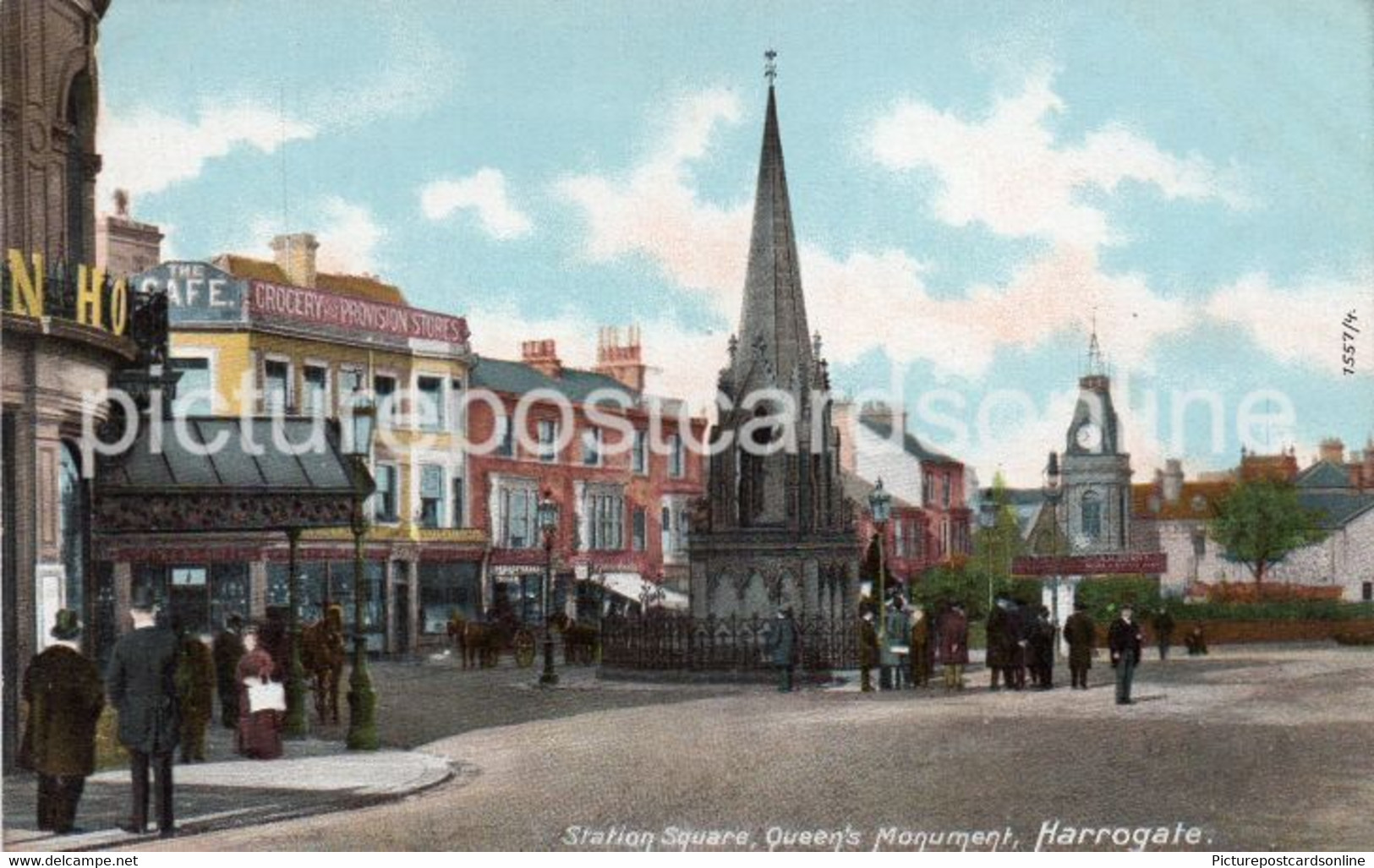 HARROGATE STATION SQUARE AND QUEENS MONUMENT OLD COLOUR POSTCARD YORKSHIRE - Harrogate