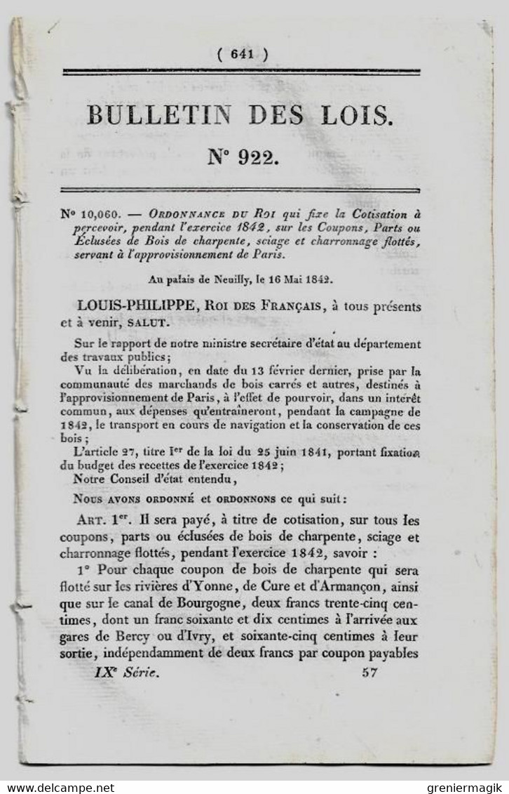 Bulletin Des Lois 922 1842 Tarif Péage Pont Près De Mallemort Sur La Durance/Chappes Allier (bac D'Auzon)/Paris/Mexique - Décrets & Lois