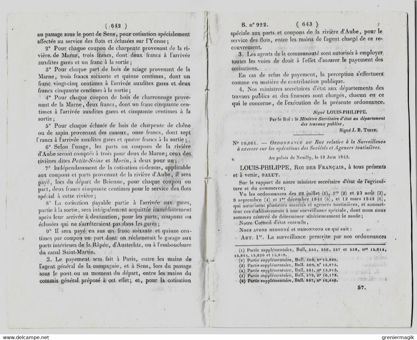 Bulletin Des Lois 922 1842 Tarif Péage Pont Près De Mallemort Sur La Durance/Chappes Allier (bac D'Auzon)/Paris/Mexique - Décrets & Lois