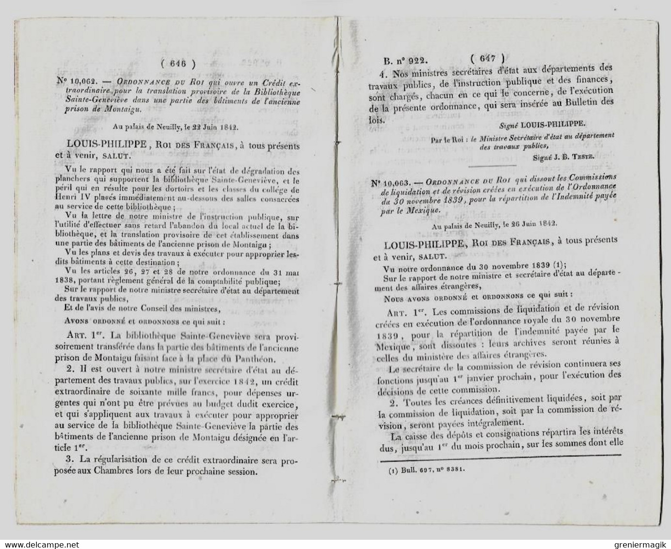 Bulletin Des Lois 922 1842 Tarif Péage Pont Près De Mallemort Sur La Durance/Chappes Allier (bac D'Auzon)/Paris/Mexique - Décrets & Lois