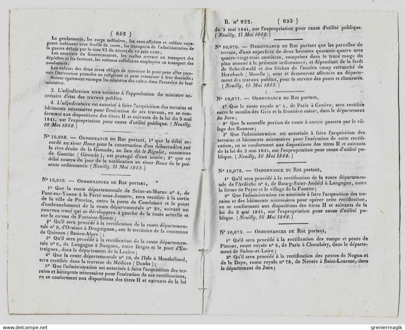 Bulletin des Lois 922 1842 Tarif péage pont près de Mallemort sur la Durance/Chappes Allier (bac d'Auzon)/Paris/Mexique