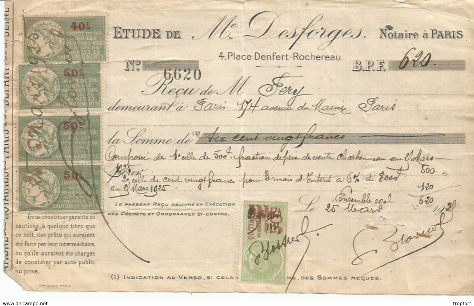 CA /  Facture ANCIENNE ETUDE Notaire DESFORGES PARIS TIMBRES FISCAUX IMPOTS Timbre Fiscal - 1900 – 1949