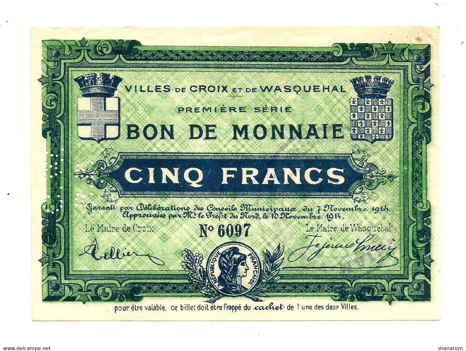 1914-1918 // VILLE DE CROIX Et De WASQUEHAL (Nord 59) // 1914 // Bon De 5 Francs - Bonds & Basic Needs