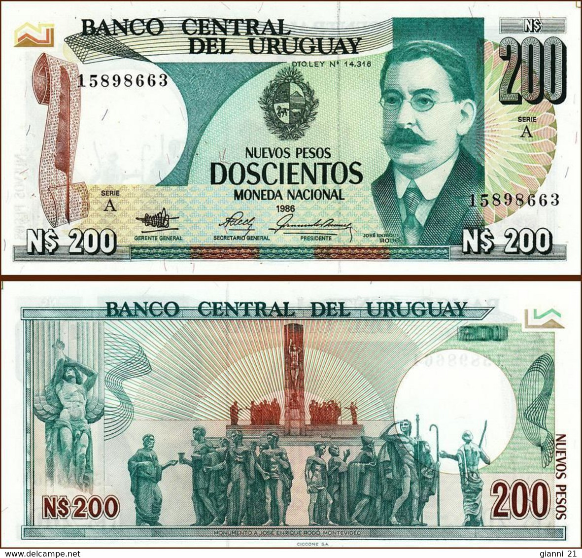 ♛ URUGUAY - 200 Nuevos Pesos 1986 UNC P.66 - Uruguay