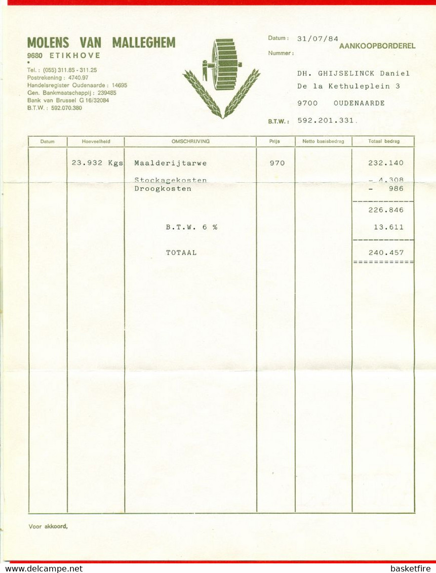 Etikhove: Faktuur "MOLENS VAN MALLEGHEM" 1984 - Alimentaire