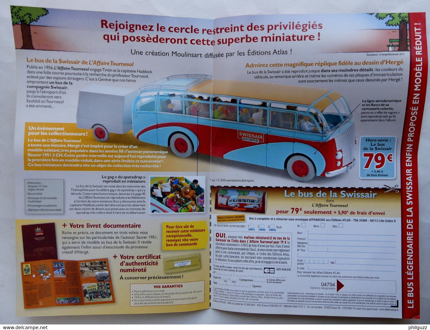 DEPLIANT FLYERS ABONNEMENT COLLECTION ATLAS LES VOITURES TINTIN HS LE BUS DE LA SWISSAIR 2013 (2) - Objets Publicitaires