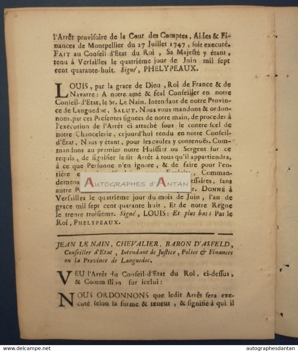 1748 Arrest Du Conseil D'Etat Du Roy - Hôpital Général De Montpellier - Triperie - Louis - Phelypeaux - Le Nain - Décrets & Lois