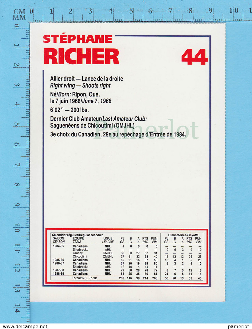 Hockey - Stephane Richer # 44 + Statistique, Commandité Par Kraft Et Le Journal De Montreal, C:1990 - 1980-1989