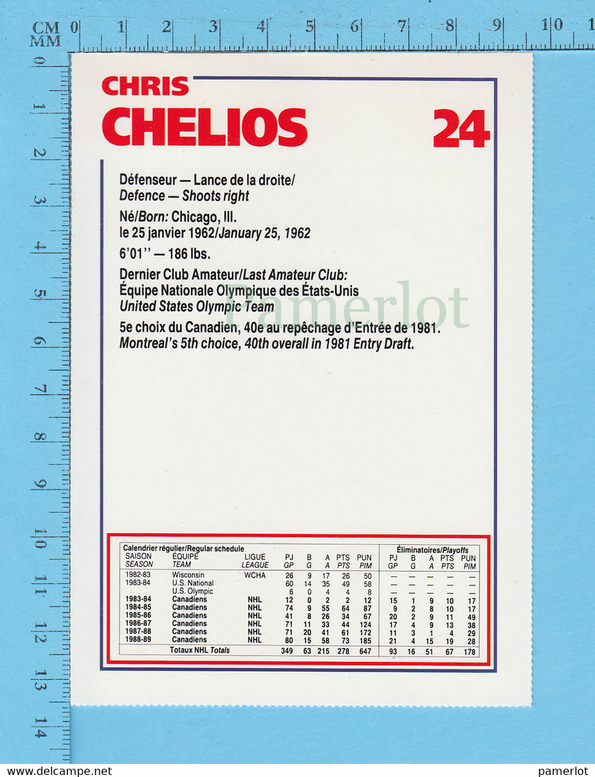 Hockey - Chris Chelios # 24 + Statistique, Commandité Par Kraft Et Le Journal De Montreal, C:1990 - 1980-1989