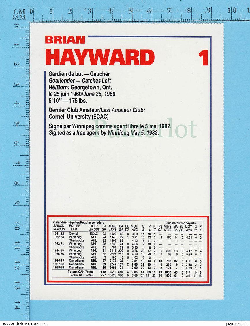 Hockey - Brian Hayward # 1 + Statistique, Commandité Par Kraft Et Le Journal De Montreal, C:1990 - 1980-1989