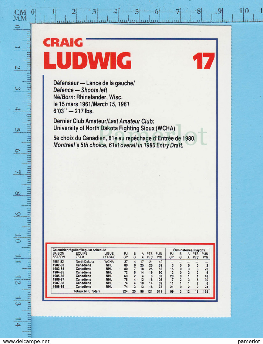 Hockey - Craig Ludwig # 17+ Statistique, Commandité Par Kraft Et Le Journal De Montreal, C:1990 - 1980-1989