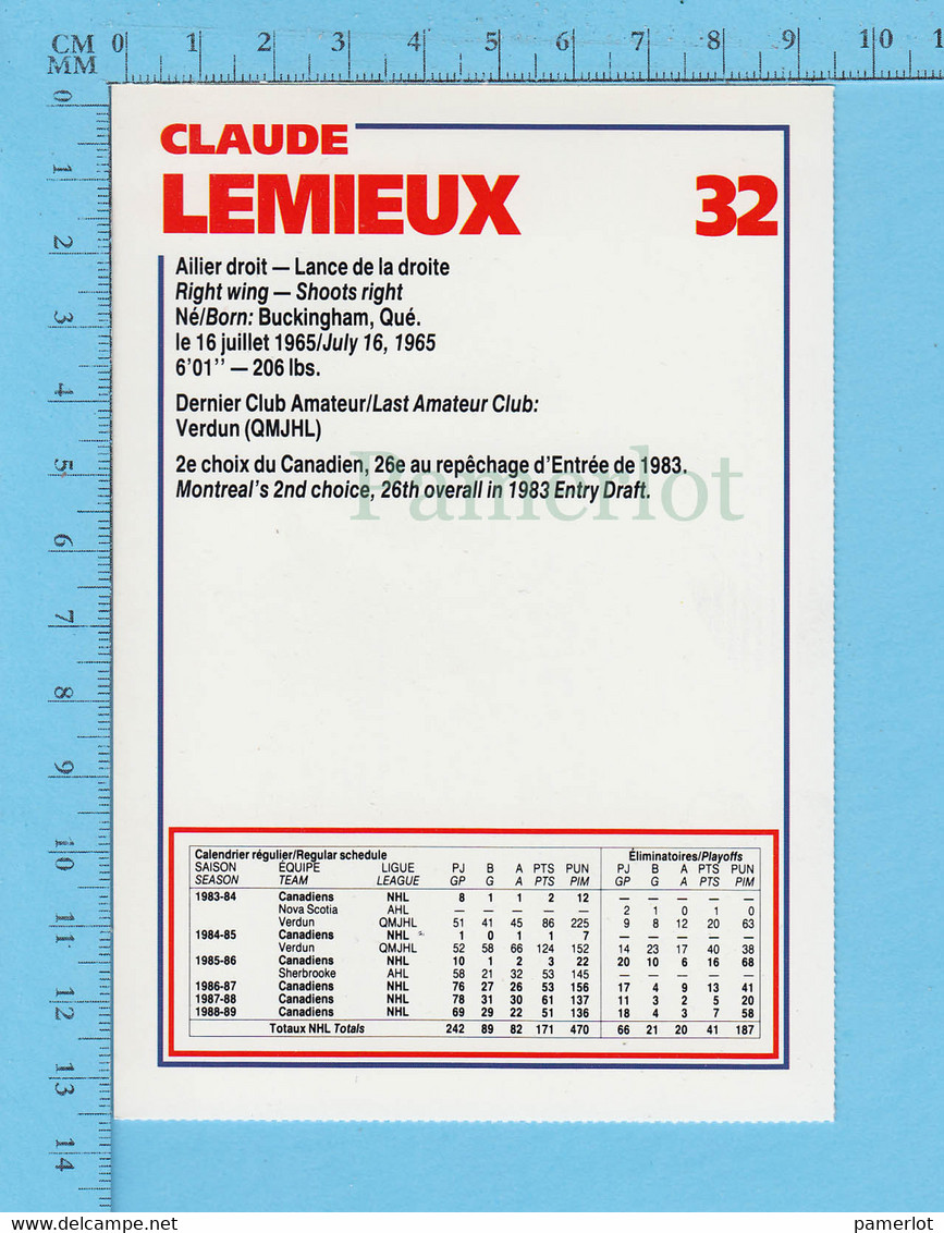 Hockey - Claude Lemieux # 32 + Statistique, Commandité Par Kraft Et Le Journal De Montreal, C:1990 - 1980-1989