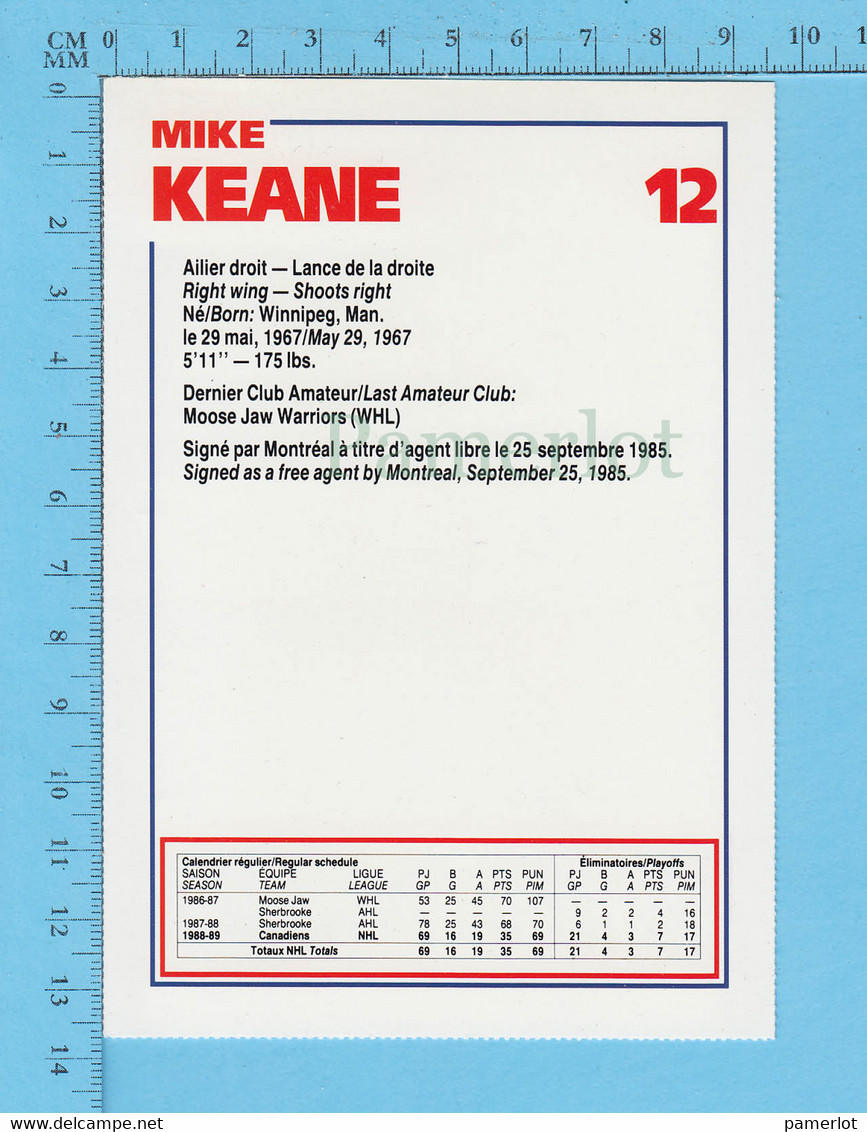 Hockey - Mike Keane # 12 + Statistique, Commandité Par Kraft Et Le Journal De Montreal, C:1990 - 1980-1989