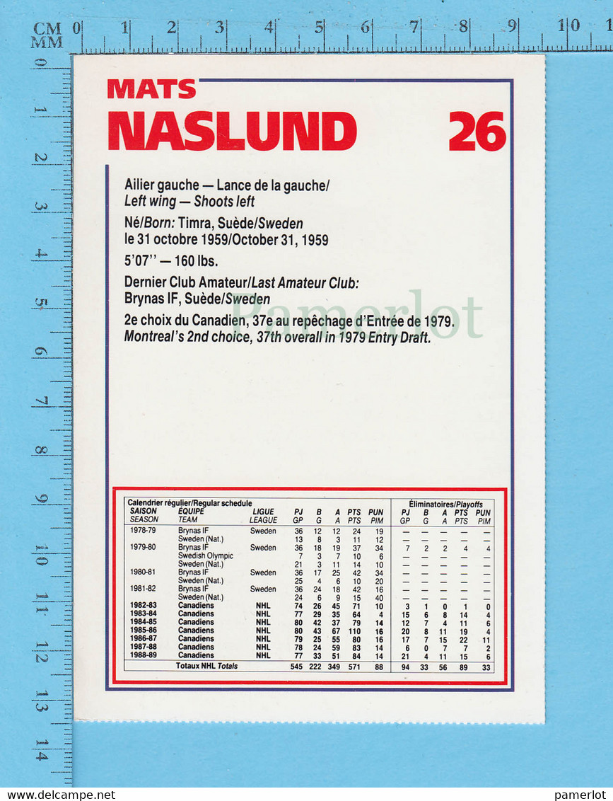 Hockey - Mats Naslund # 26  + Statistique, Commandité Par Kraft Et Le Journal De Montreal, C:1990 - 1980-1989