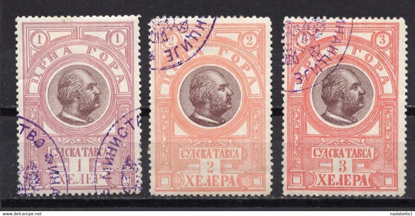 1910s MONTENEGRO,KING NIKOLA,3 COURT TAX,REVENUE STAMPS,1,2,3,HELLER,USED - Montenegro